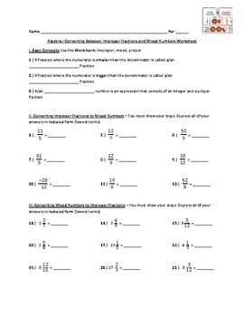 Preview of Algebra I Converting Between Improper Fractions and Mixed Numbers Worksheet