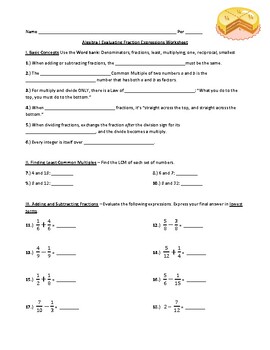 Preview of Algebra I Evaluating Fraction Expressions Worksheet
