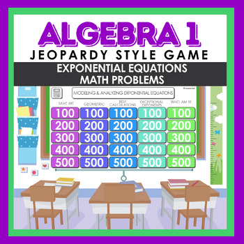 Preview of Algebra I Exponential Equations Math Problems Jeopardy Style Game