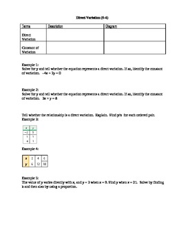 Preview of Algebra I Fill-In Notes:  Direct Variation