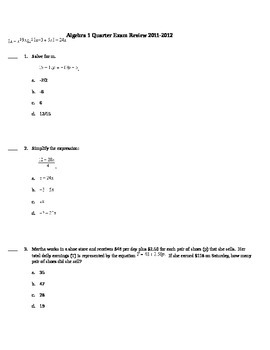 Preview of Algebra I First Quarter Exam Common Core AIR TEST