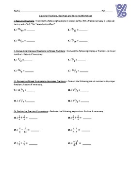 Preview of Algebra I Fractions, Decimals and Percents Worksheet