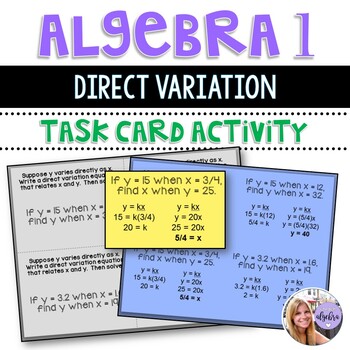 Preview of Algebra 1 - Direct Variation Equation Task Cards