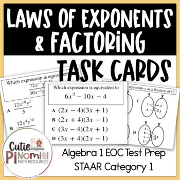 Preview of Factoring & Laws of Exponents Task Cards - Algebra I EOC (STAAR) Test Prep