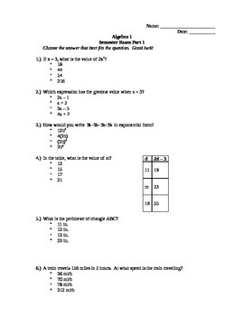 Preview of Algebra I Semester 1 Final Exam