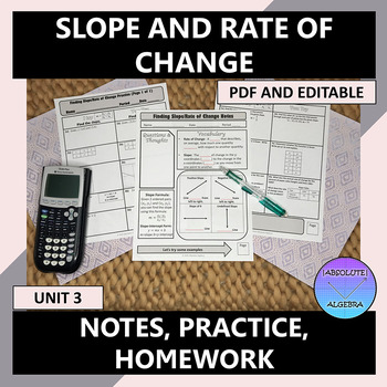 Preview of Algebra I Slope and Rate of Change Notes Practice Homework Editable U3