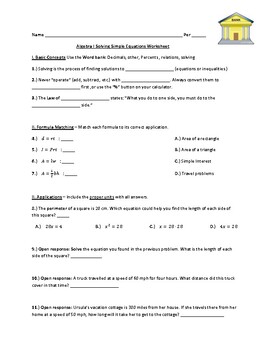 Preview of Algebra I Solving Simple Equations Worksheet