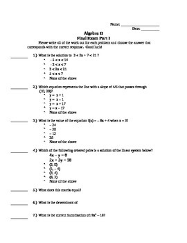 Preview of Algebra II Semester 2 Final Exam