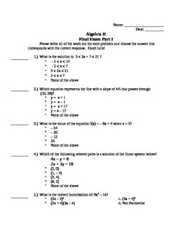 Preview of Algebra II Semester I Final Exam with Answer Key