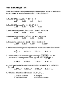 algebra individual multiple choice test unit 1 intro to algebra