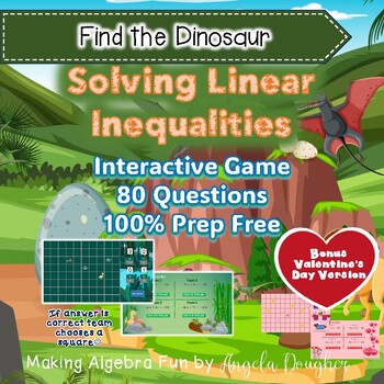 Preview of Algebra Game Solving Inequalities Find The Dinosaur w/Valentines Day Version
