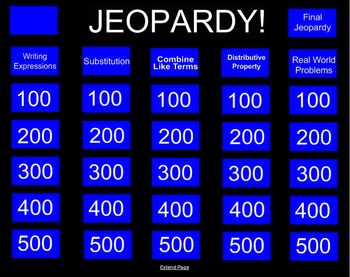 Preview of Algebra Jeopardy Review