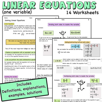 Preview of Algebra Linear Equations with one variable, solutions, word problems, worksheets