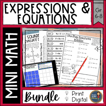 Preview of Expressions and Equations Math Activities Bundle Puzzles and Riddles