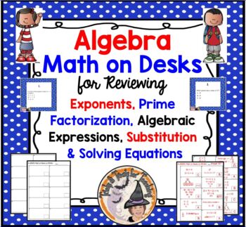 Preview of Algebra Task Cards with KEY Exponents Expressions Equations Prime Factorization