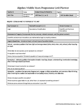 Preview of Algebra IB Middle Years Programme MYP Unit Planner - Expressions and Equations