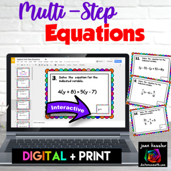 Preview of Algebra Multi Step Equations Task Cards Digital Plus PRINT VERSION