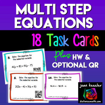 Preview of Multi Step Equations Task Cards plus Homework