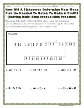 Multistep Inequalities Practice Riddle Worksheet By Secondary Math Shop