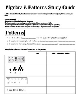 Preview of Algebra & Patterns Study Guide (VA SOL 5.18, 5.19)
