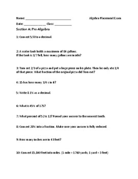 Preview of Algebra Placement Test -- with Answer Key