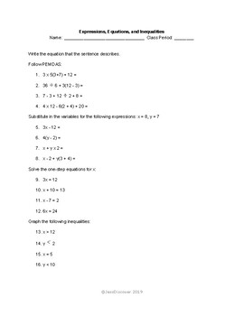 Preview of Expressions, Equations, and Inequalities Review, Practice, or Quiz