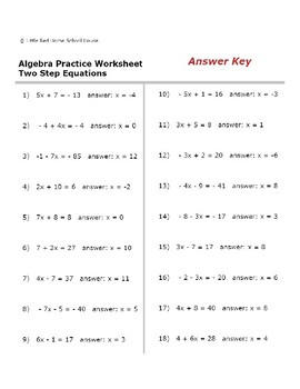 Algebra Practice Worksheet - Two Step Equations (with Answer Key)