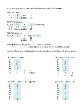 Preview of Algebra, Precalculus -- An EXCEL spreadsheet to create quadratic equations