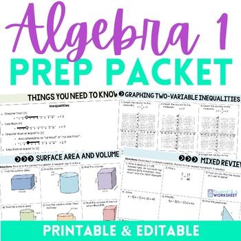 Preview of Algebra 1 Summer Prep Packet | Pre-Algebra and 8th Grade Math Review Skills