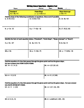 Preview of Algebra: Printable Linear Equations Test or Study Guide - 30 Questions