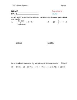 Preview of Algebra - QUIZ on Solving Equations and Properties