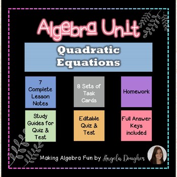 Preview of Algebra Quadratic Equations Notes Homework Quiz & Test BUNDLE w Task Cards