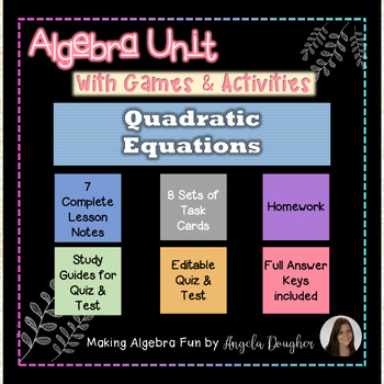 Preview of Algebra Quadratic Equations Notes Homework Quiz & Test BUNDLE with GAMES