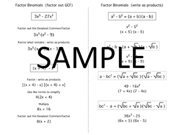 Preview of Algebra Quick Notes: Factor Binomials