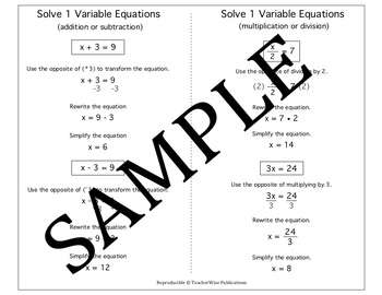 Preview of Algebra Quick Notes: Solve 1 Variable Equations (multiple operations)