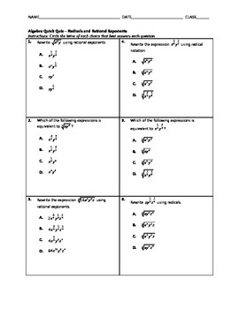 Preview of Algebra Quick Quiz - Radicals and Rational Exponents