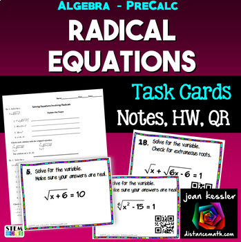 Preview of Radical Equations Task Cards QR  Guided Notes  HW  Quiz