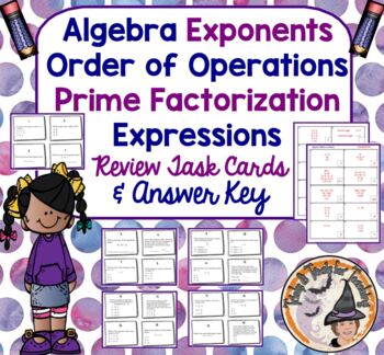Preview of Algebra Review Exponents Prime Factorization Order of Operations Task Cards KEY