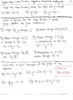 Preview of Algebra Review : Linear Functions / Graphing / Equations / Inequalities