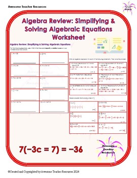 Preview of Algebra Review: Simplifying & Solving Algebraic Equations Worksheet