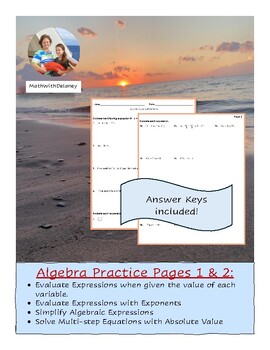 Preview of Algebra Skills ~ Pages 1 & 2: Evaluate Expressions, Solve Multi-step Equations