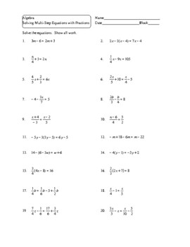 Algebra Solve Multi Step Equations With Fractions Worksheet Tpt