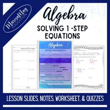 Preview of Algebra - Solving 1 - Step Equations - Guided Lesson, Notes, Worksheet, & Quiz