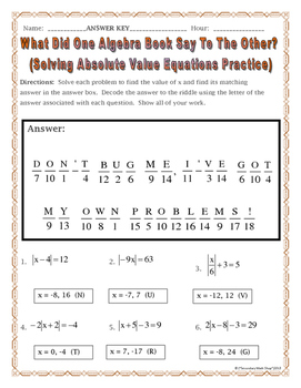 Solving Absolute Value Equations Practice Riddle Worksheet Tpt