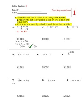 Preview of Algebra - Solving Equations (Day 1) - 1 and 2 step