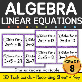 Preview of Algebra Solving Linear Equation with One Unknown Variable 30 Task Cards Math