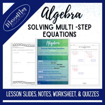 Preview of Algebra - Solving Multi-Step Equations - Guided Lesson, Notes, Worksheet, & Quiz