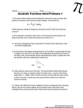 solving quadratic equations word problems worksheet