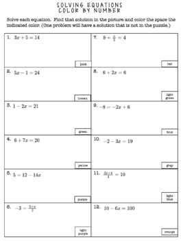 Algebra Solving Two Step Equations Color By Number by Teaching High