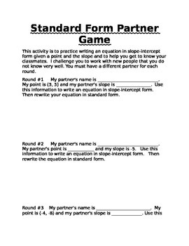 Preview of Algebra Standard form Linear Equation Partner Game Common Core
